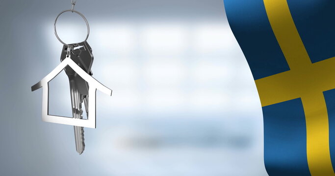 Image of silver house key over flag of sweden and building - Powered by Adobe