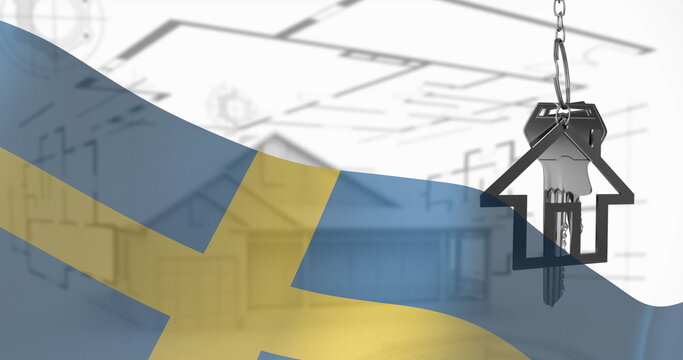 Image of silver house key over flag of sweden and property drawing - Powered by Adobe