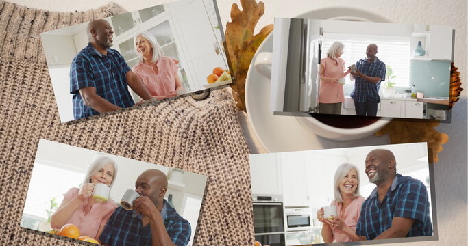 Image of four frames with senior diverse couple spending time at home over cup of coffee