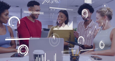 Image of financial data processing over diverse colleagues having meeting in office