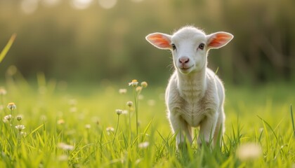 Fototapeta premium Lamb standing in a sunny green meadow.