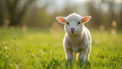 Obraz premium Lamb standing in a sunny green meadow.