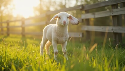 Fototapeta premium Baby lamb in a field near wooden fence at sunset.