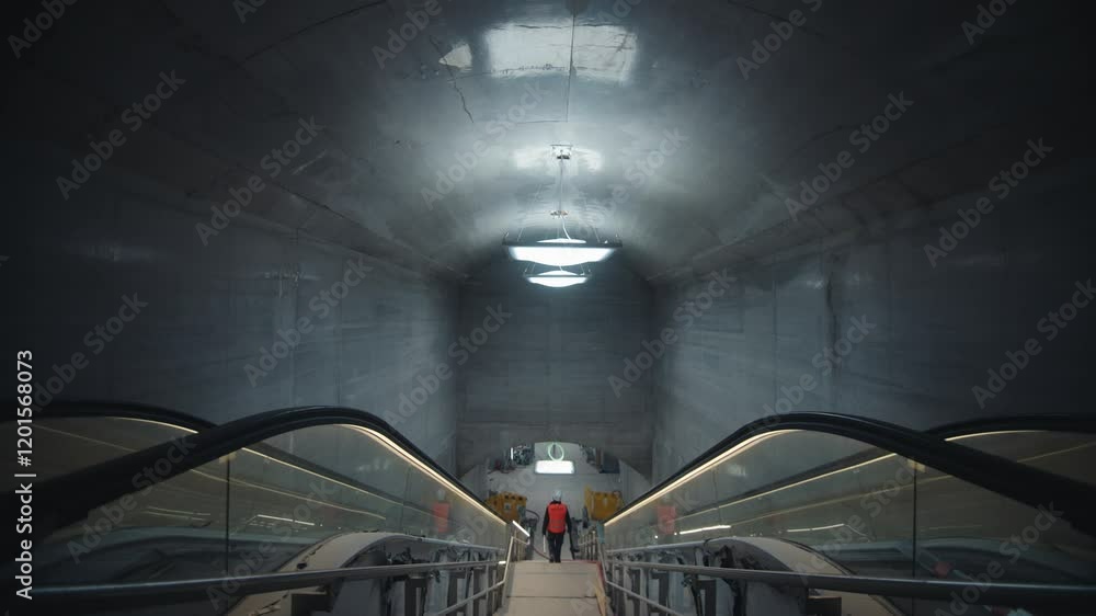 Poster capturing of a metro construction site with installment of escalators.