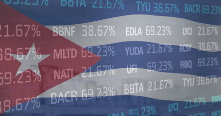 Image of financial data processing over flag of cuba