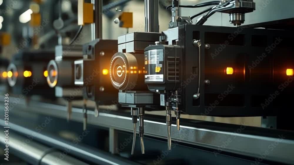 Poster a detailed view of production machinery outfitted with iot sensors with blinking indicator lights sh