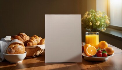 A blank white magazine cover stands upright next to a rustic bread basket filled with golden pastries, complemented by a vibrant breakfast spread and warm morning sunshine filtering through