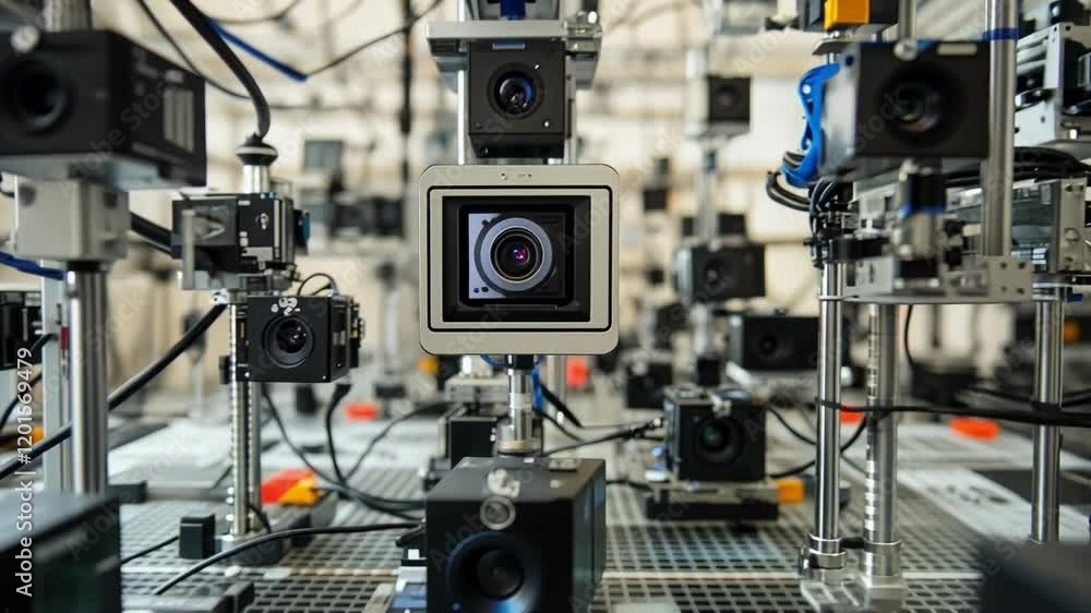 Poster an image focusing on an intricate arrangement of automated testing rigs where highspeed cameras capt