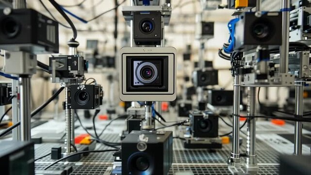 An image focusing on an intricate arrangement of automated testing rigs where highspeed cameras capture the performance of consumer products undergoing rigorous quality checks.