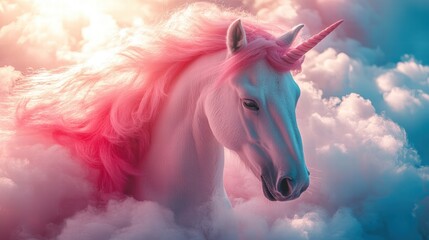 Naklejka premium Portarit of a breathtaking pink unicorn in the fluffy clouds