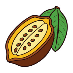 A cocoa fruit, cut in half, reveals a creamy white interior filled with bean pods. The vibrant orange outer shell contrasts with the soft, sticky pulp surrounding the beans.