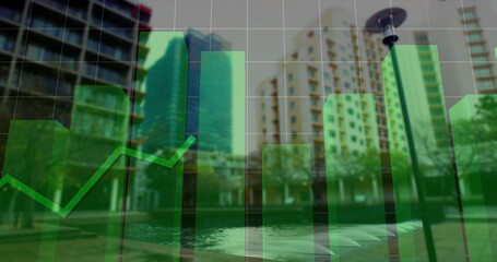 Image of financial data processing over cityscape