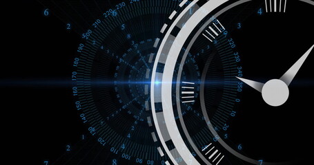 Image of moving clock over data processing on black background