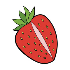 Obraz premium A vibrant red strawberry sliced in half, revealing its juicy, textured interior with tiny white seeds lining the surface and a green leafy top adding a fresh contrast.