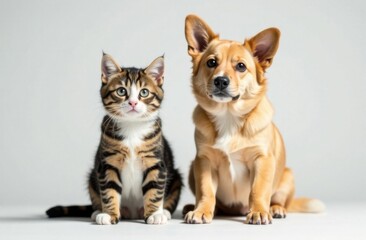 a cat and a dog are sitting next to each other and looking into the frame on a light beige background with a place for text