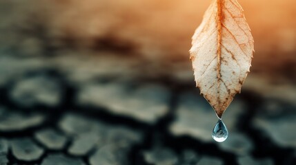 A single water droplet clings to the tip of a brown, dried leaf, contrasting with the dry, parched ground below. The scene captures the struggle for survival in warm conditions.
