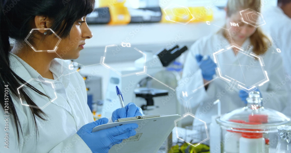 Poster image of scientific data processing over diverse scientists in laboratory