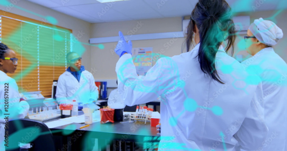 Poster image of scientific data processing over diverse scientists in laboratory