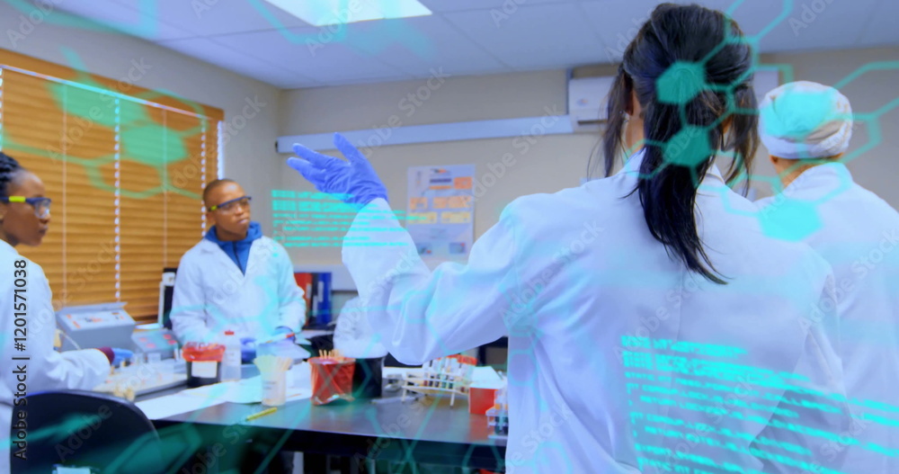 Poster image of scientific data processing over diverse scientists in laboratory