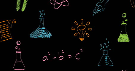 Image of scientific data processing and icons over black background