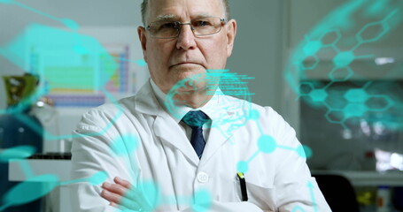 Image of scientific data processing over caucasian male scientist in laboratory