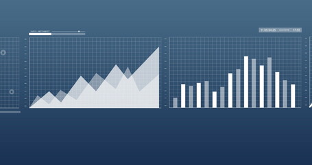 Image of financial data processing and statistics over blue background