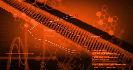 Image of dna strand spinning and data processing on orange background