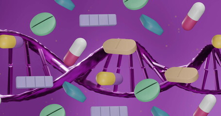 Image of dna strand spinning and pills over purple background