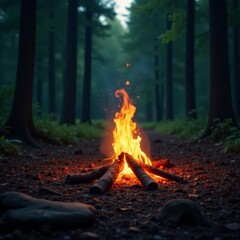 Naklejka premium A warm campfire crackles amidst a serene forest, beckoning for stories under the stars.