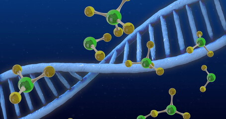 Image of dna strand spinning and molecules on blue background