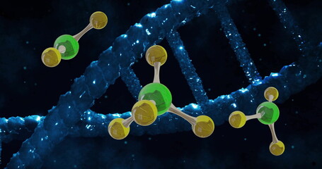 Image of dna strand spinning and molecules on black background