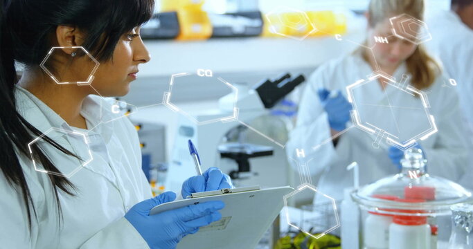 Image of scientific data processing over diverse scientists in laboratory