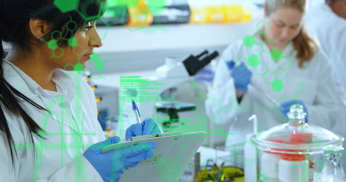 Image of scientific data processing over biracial female scientist in laboratory