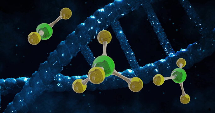 Image of dna strand spinning and molecules on black background