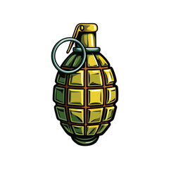 A close-up photograph of a grenade with the safety pin pulled back, revealing the explosive mechanism.