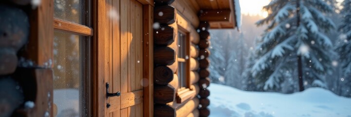 Fototapeta premium A cozy wooden cabin surrounded by snow-covered trees in a serene winter landscape.