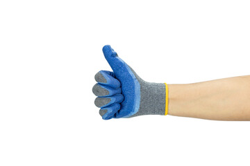 Worker wearing blue work glove giving the thumbs up sign isolated on white background with clipping...