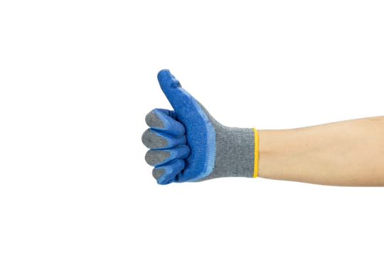 Worker wearing blue work glove giving the thumbs up sign isolated on white background with clipping path. - Powered by Adobe