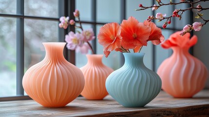 Pastel ceramic vases with flowers on a windowsill