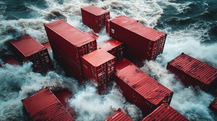 Cargo ship containers storm ocean waves, shipping disaster, high seas, risk, insurance