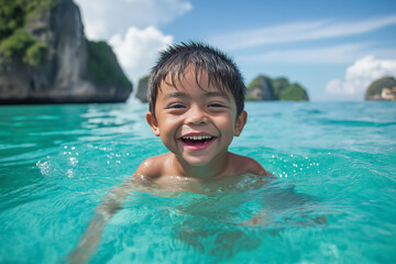 Carefree young boy enjoying swimming in crystal clear turquoise water of tropical lagoon,...