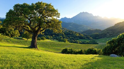 Majestic oak tree on hillside vineyard, mountain sunset.  Perfect for travel brochures