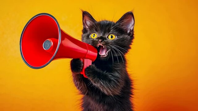 Young black cat megaphone orange.Feline shouting loudly,seems enthusiastic.Indoor photo shoot,bright and vibrant.demonstrates vocal expression clearly.Studio setup enhances vivid colors.Moment