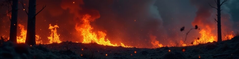 Intense wildfires engulf a forest, highlighting the impact of climate change.