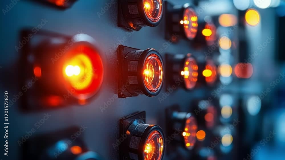 Poster a highresolution image showing a series of blinking led lights on a control panel with one light glo