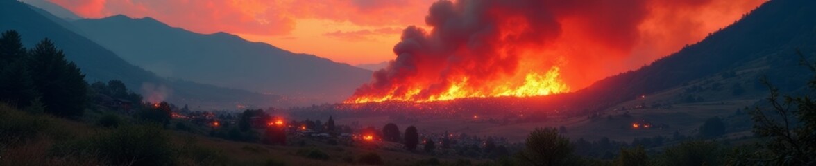 Fototapeta premium A dramatic wildfire raging across mountainous terrain at sunset.