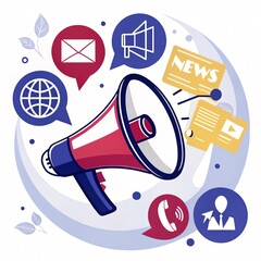 Dynamic Voice A Bold Logo Featuring a Megaphone with News, Messages, and Video Clip Icons, Representing Communication, Media, and Digital Engagement in a Modern World