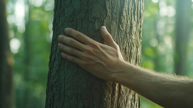 Human hand touch tree trunk. People and nature connection concept. Beautiful green forest. Nature environment. Man care about ecology. Save planet. Wood bark close up. Peace and harmony at eco park.
