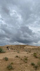 Jaisalmer, India - July 05, 2024: - Aerial view of dunes under a cloudy sky with expansive sand...