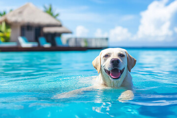 Happy labrador retriever swimming in a turquoise pool in tropical resort